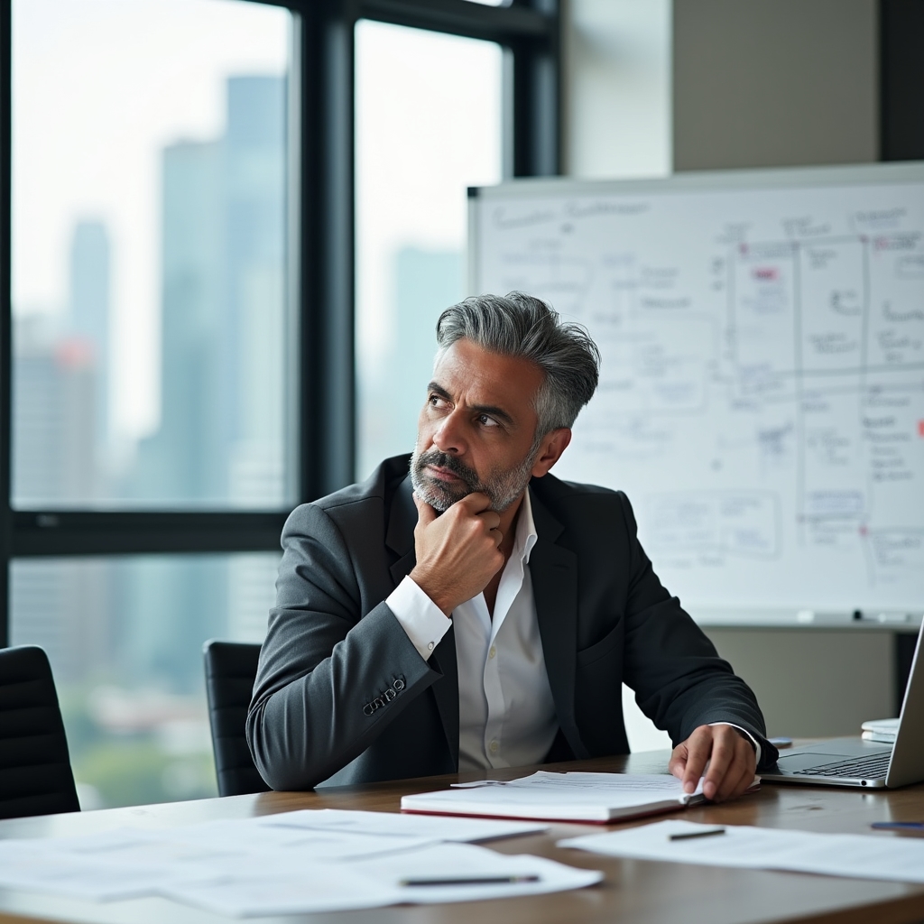 Professional in an intense focused strategy discussion at a desk with notes