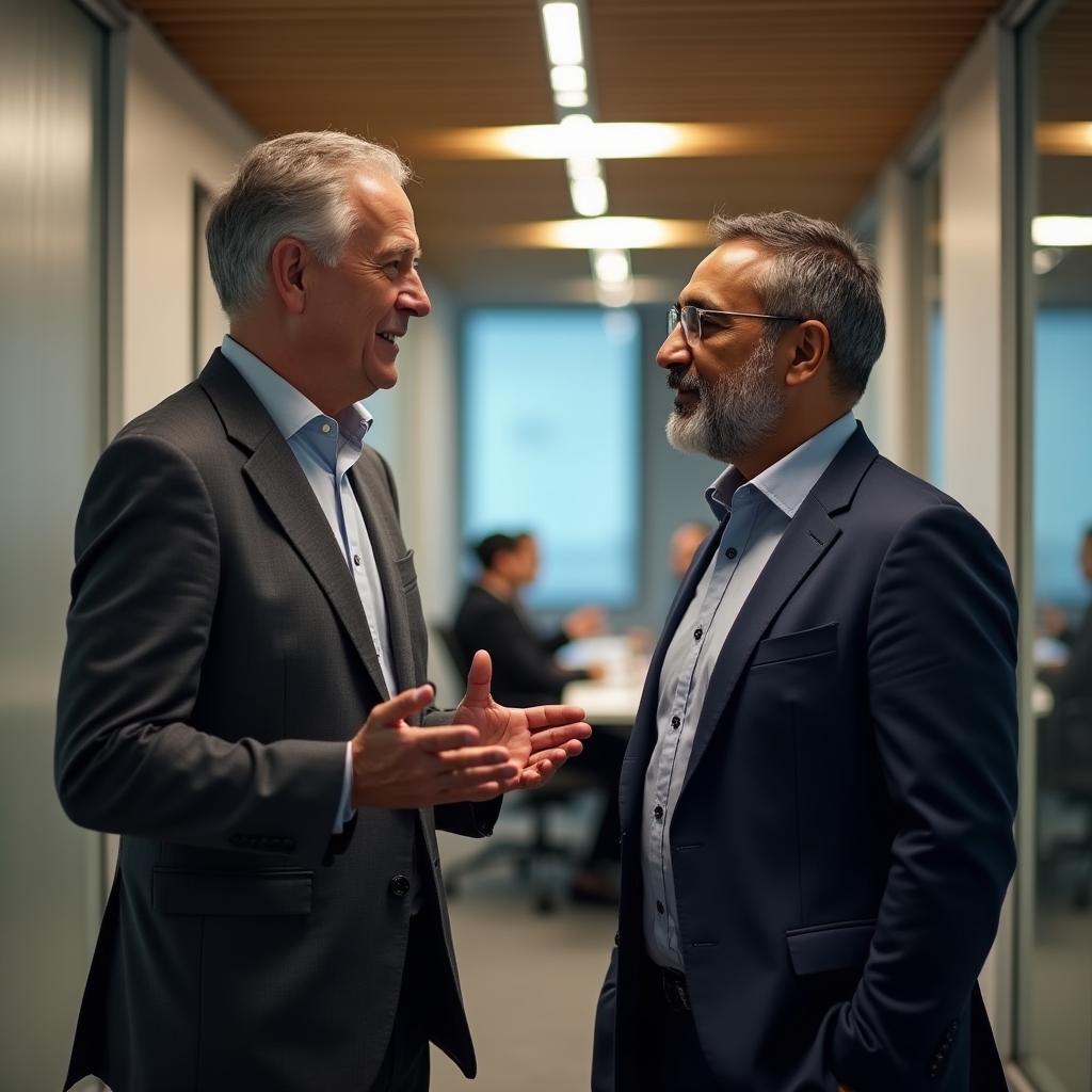 Professionals navigating informal conversation dynamics before a formal meeting